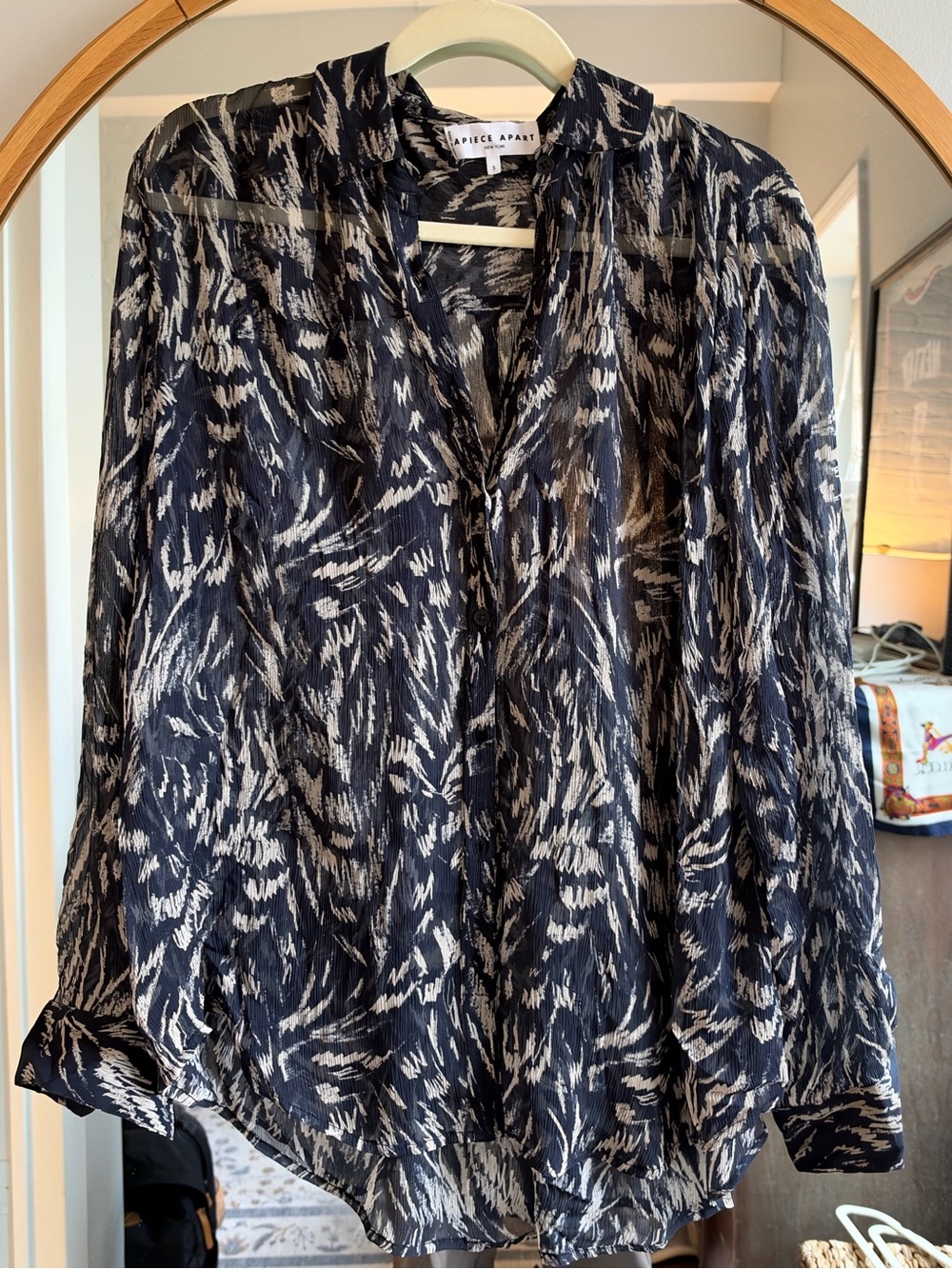 Apiece Apart Women's Navy & White Patterned Silk Blouse